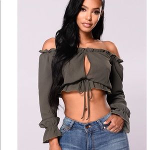 Fashionnova Olive Green Long Sleeve Off the Shoulder Crop Top